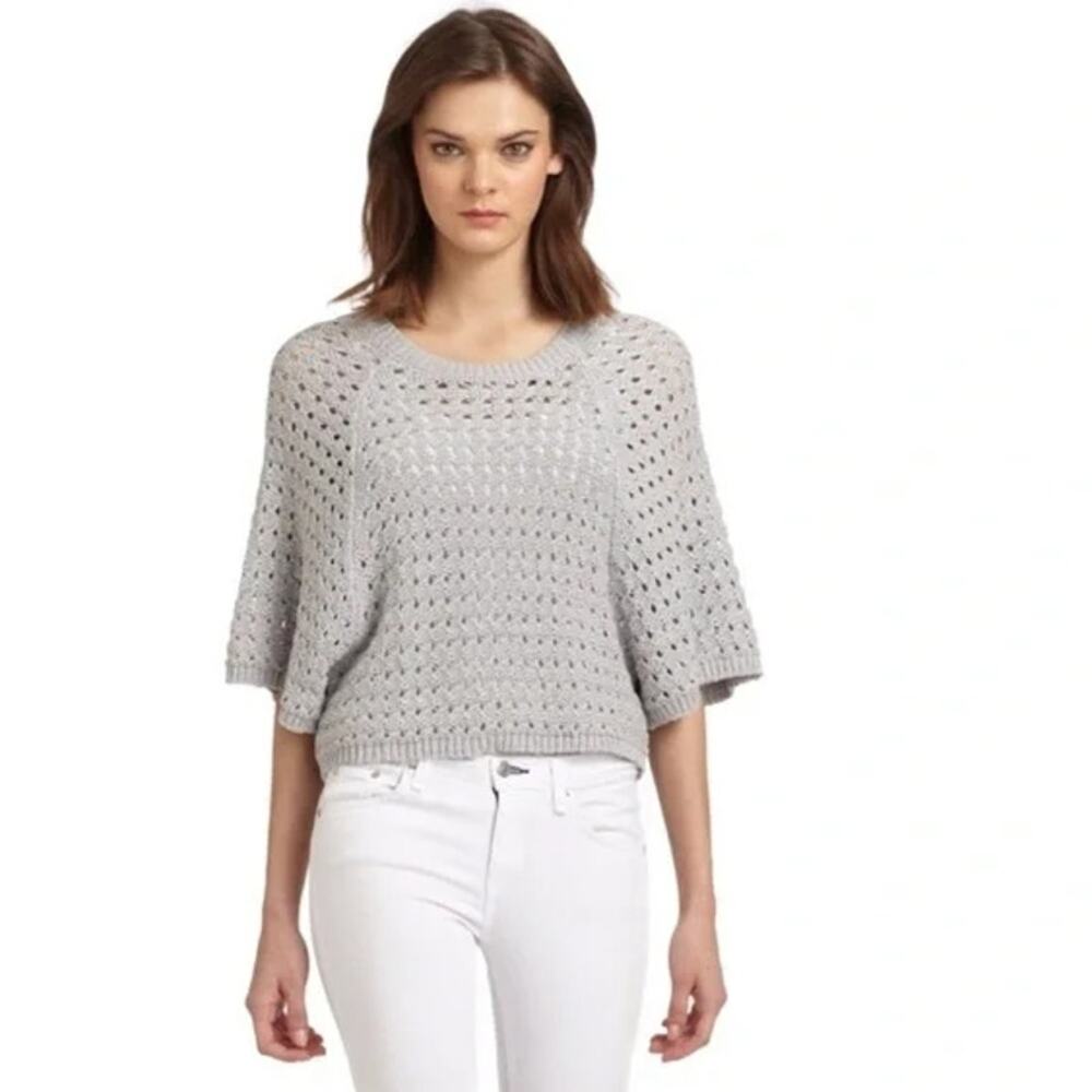 BCBGMaxAzria Melia Open Knit Boxy Gray Sweater in Moonlight Gray MED